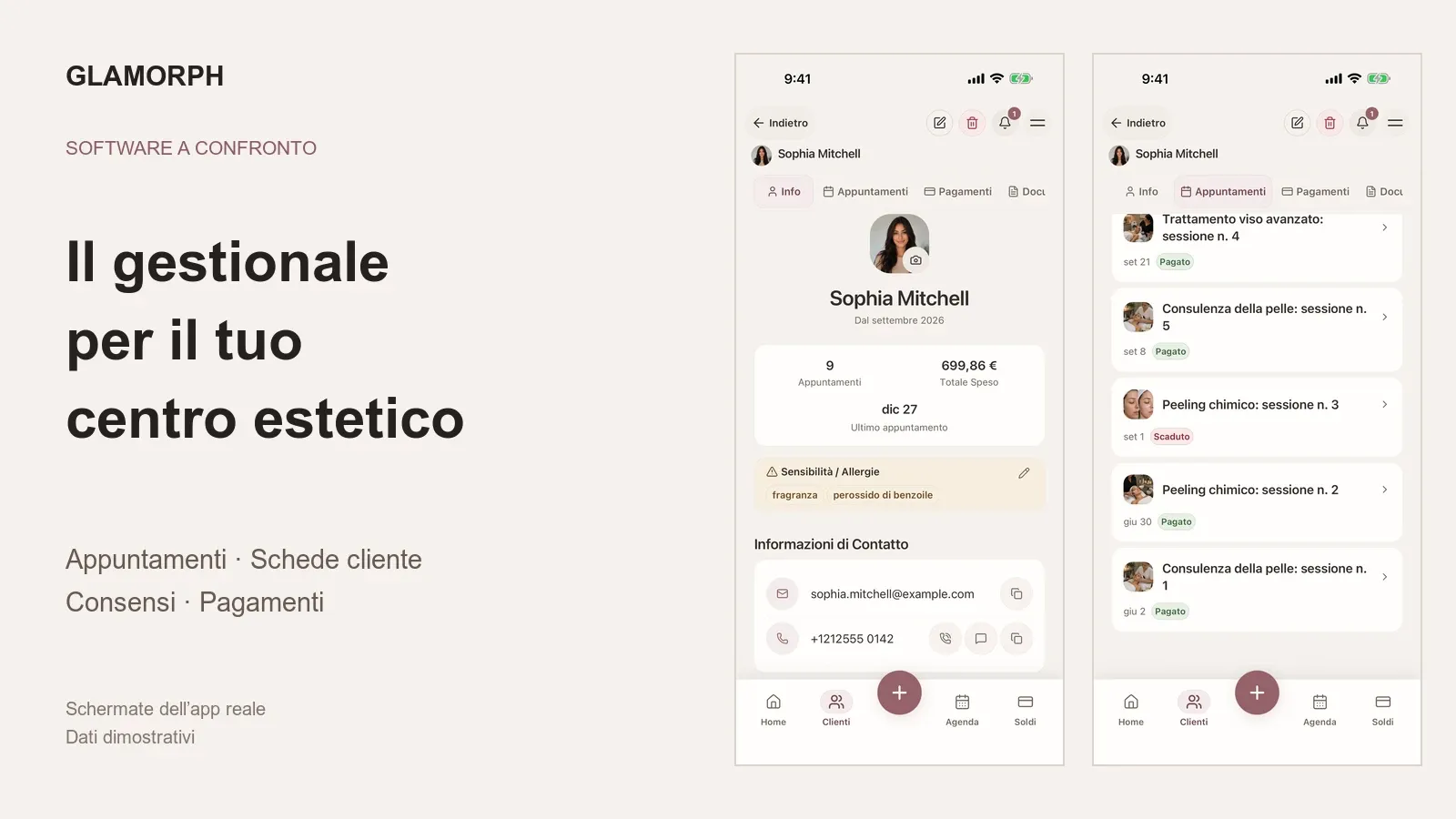 Glamorph in italiano: scheda cliente e storico dei trattamenti di un centro estetico, con dati dimostrativi.