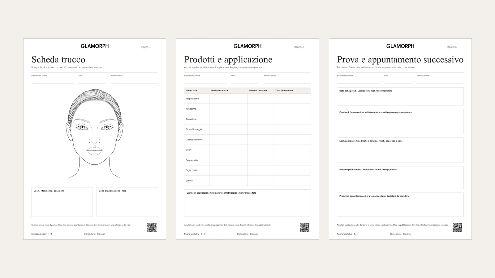 Tre pagine complete della scheda beige: face chart, prodotti e applicazione, prova e appuntamento successivo.