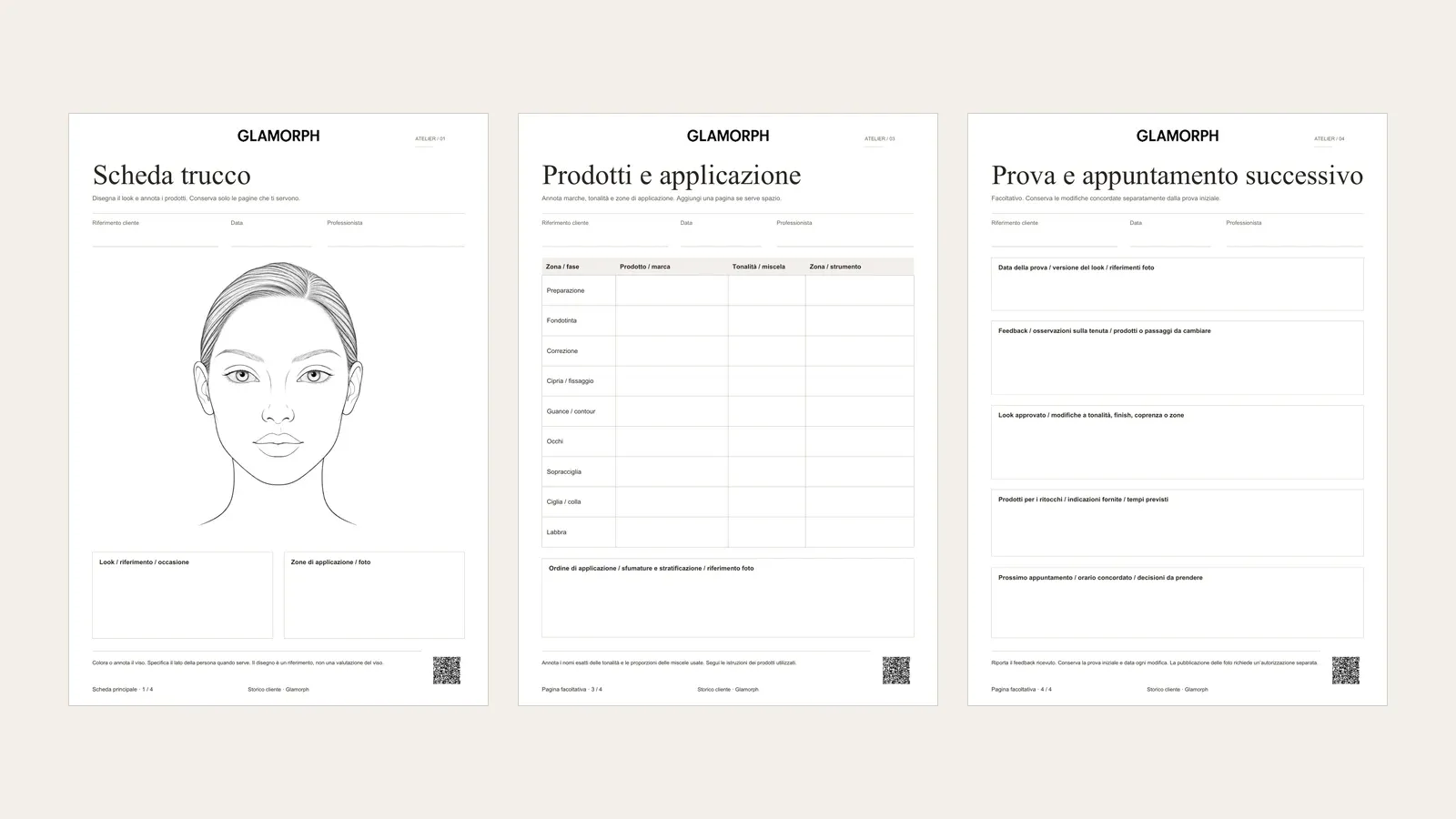 Tre pagine complete della scheda beige: face chart, prodotti e applicazione, prova e appuntamento successivo.