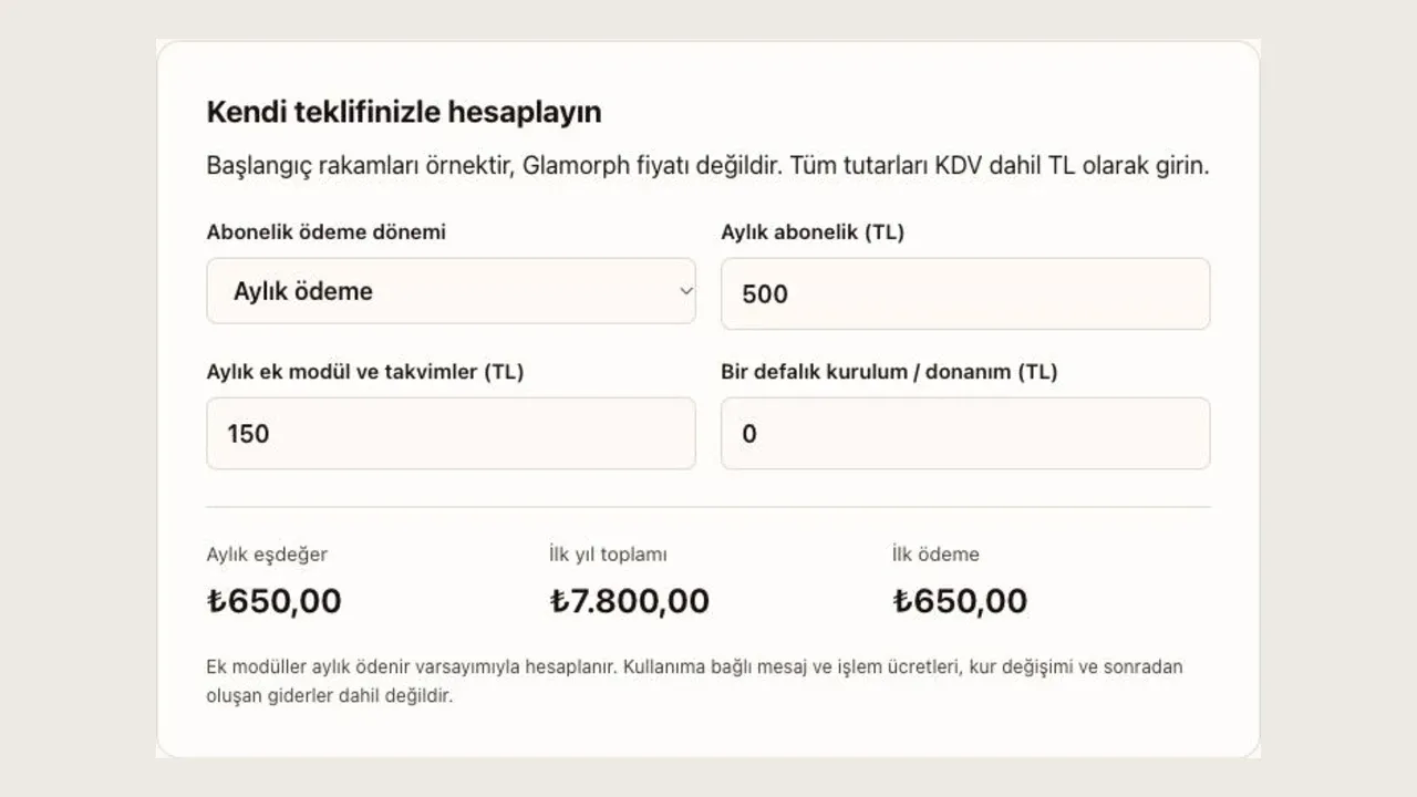 Salon yazılımı maliyet hesaplayıcısında aylık eşdeğer, ilk yıl toplamı ve ilk ödeme.