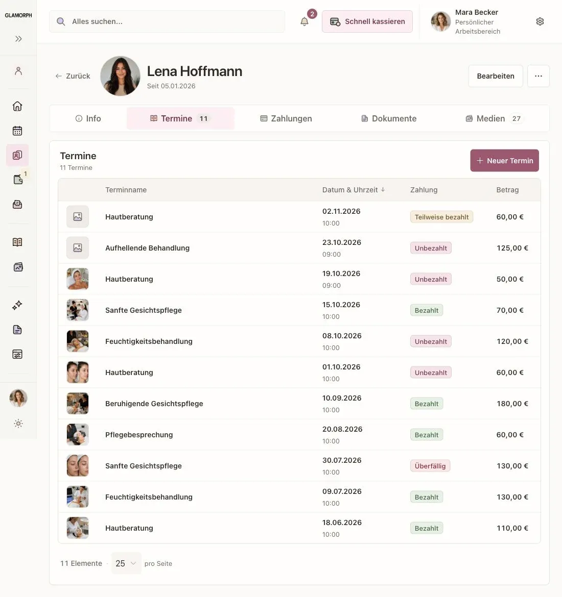 Kundenhistorie von Lena Hoffmann in der deutschen Glamorph-Web-App mit vergangenen und geplanten Terminen, Fotos und verschiedenen Zahlungsständen.