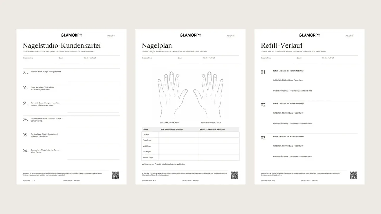 Dreiseitige Nagelstudio-Kundenkartei mit Nagelplan und Refill-Verlauf im Atelier-Stil.