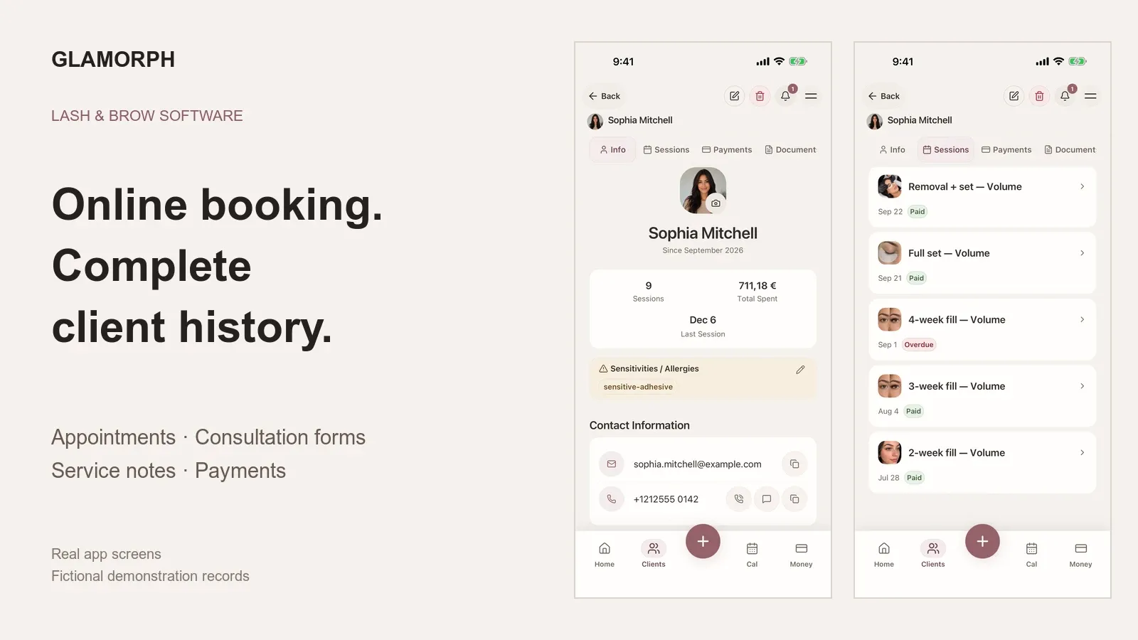 Glamorph client profile and lash-service history shown on two complete app screens with fictional demo records.
