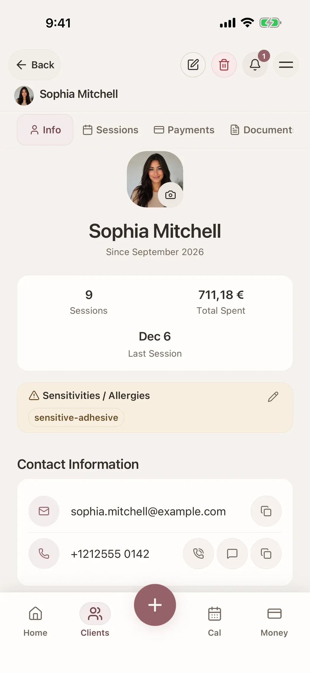 A fictional lash client's profile in the current Glamorph iPhone app, with the complete screen visible.
