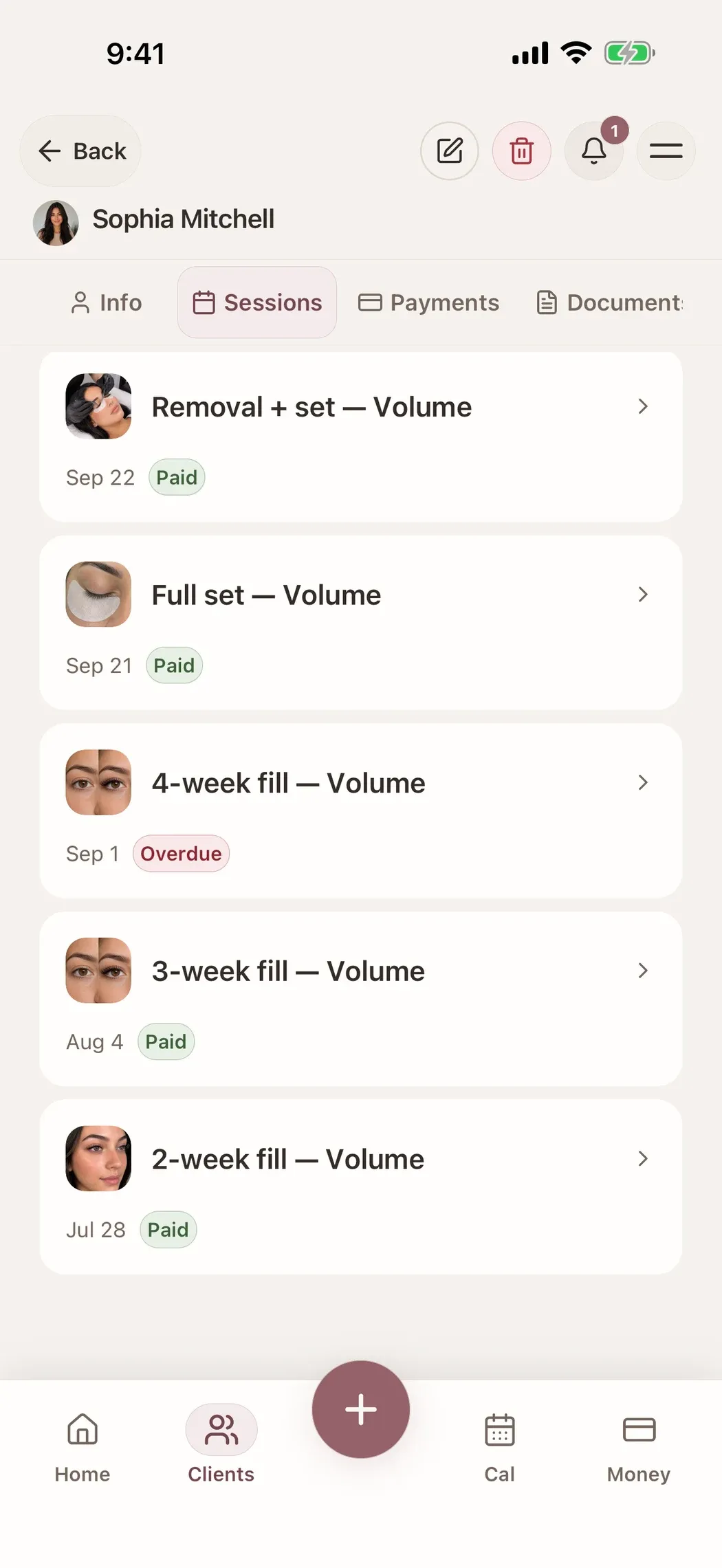 The same fictional lash client's appointment history in Glamorph, showing separate service records.