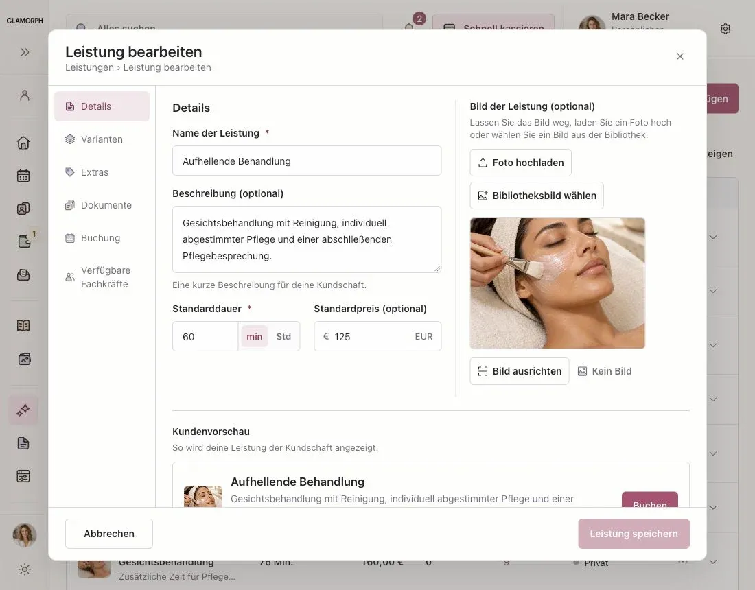 Leistung in Glamorph mit Foto, 60 Minuten Behandlungsdauer und einem fiktiven Preis von 125 Euro.