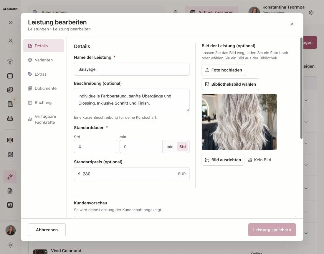 Leistungsdetails in der deutschen Glamorph-Web-App mit Dauer, Preis und Produktfoto.