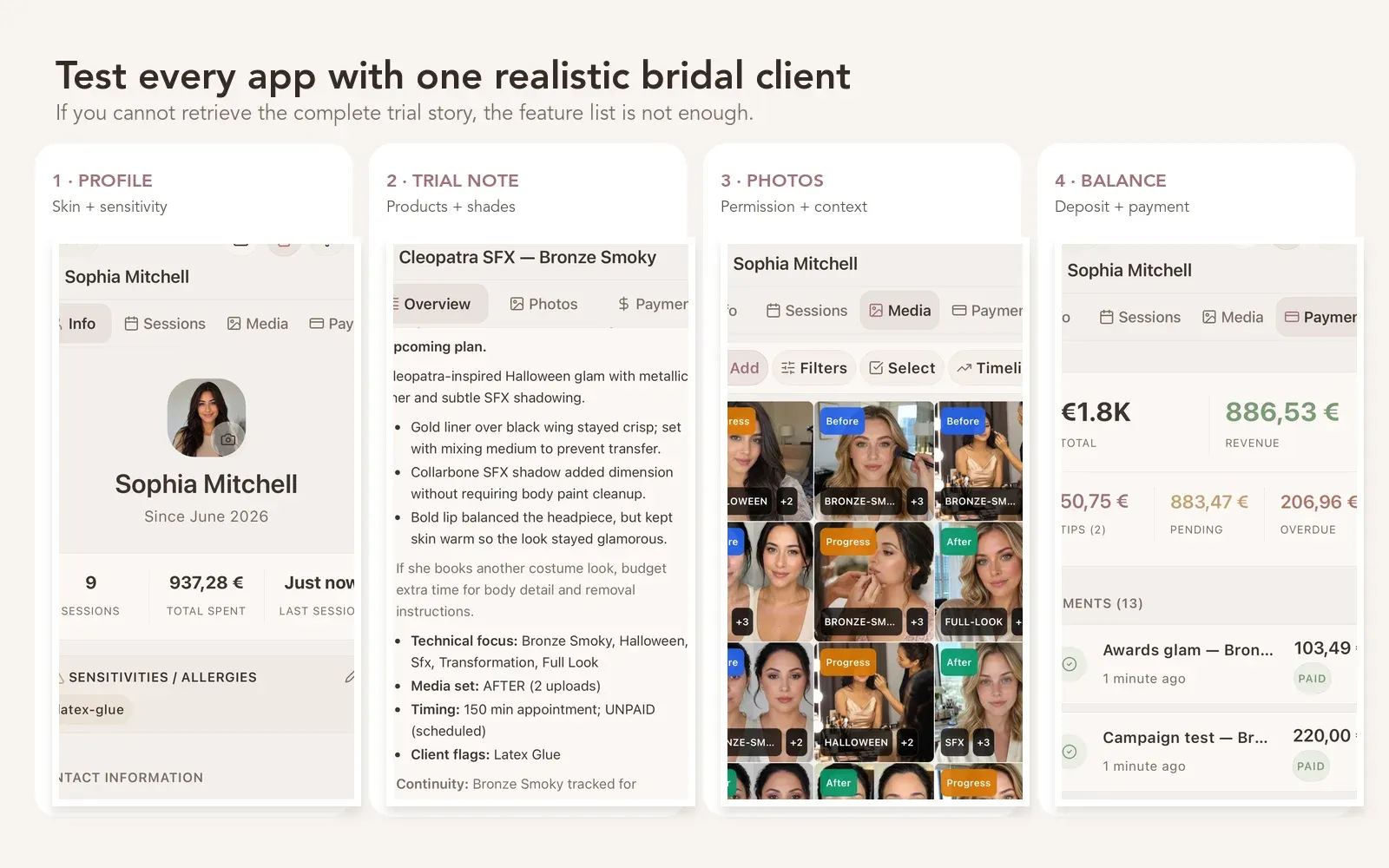 Four Glamorph makeup artist screens showing the one-client app test: profile, bridal trial note, photo history, and deposit or balance.