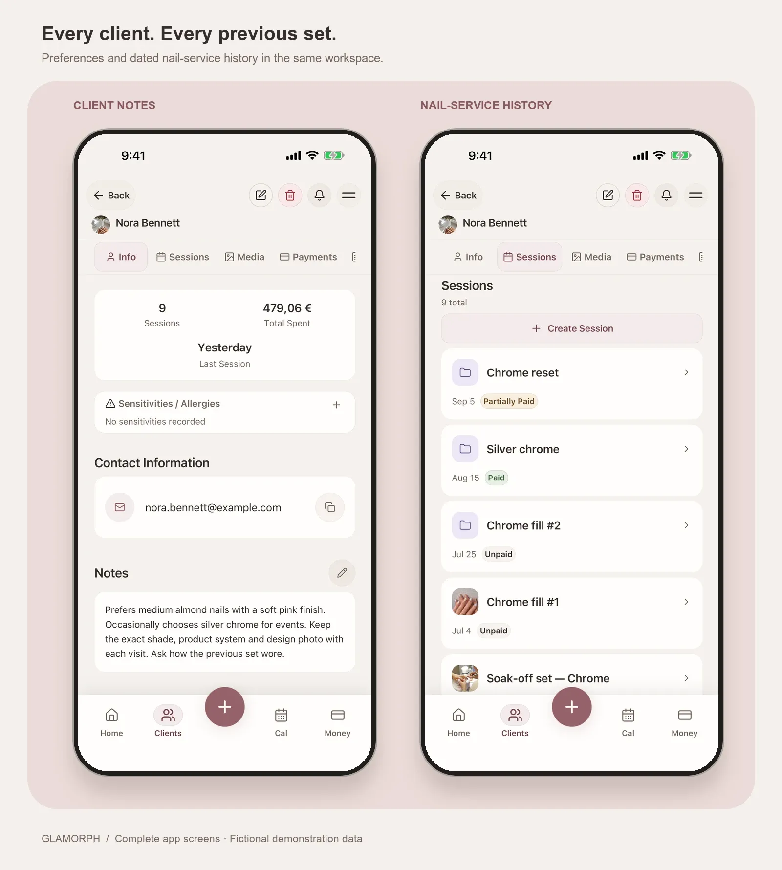 Glamorph showing a fictional nail client's preferences and dated nail-service history.