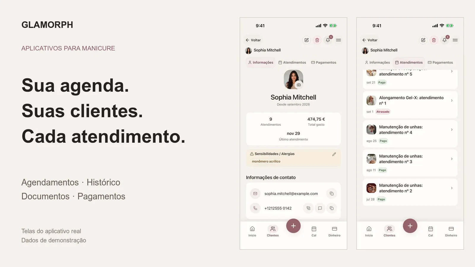 Ficha e histórico de atendimentos de manicure no Glamorph em português, com dados de demonstração.