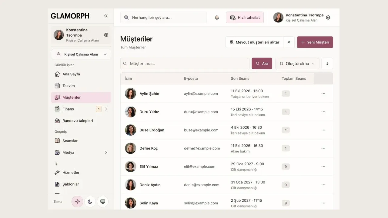 Glamorph Türkçe müşteri yönetiminde örnek müşteri listesi.