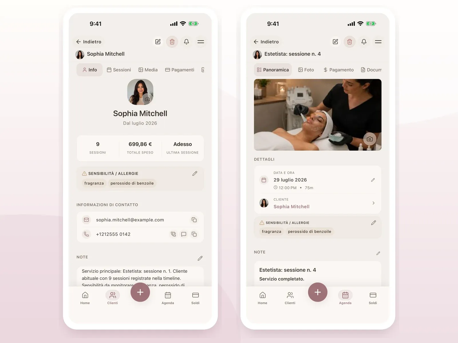 Due schermate complete di Glamorph in italiano mostrano il profilo della cliente e i dettagli di una sessione estetica.