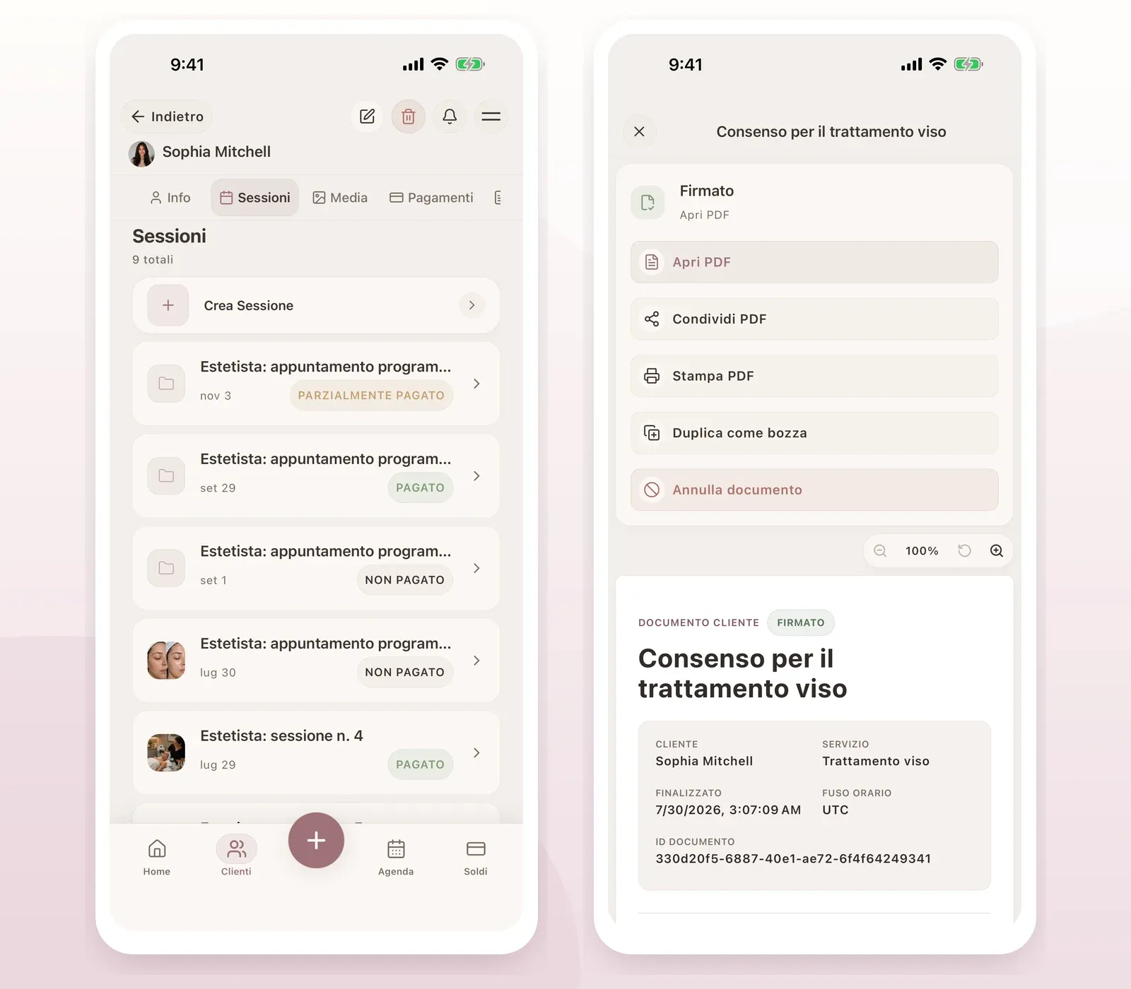 Due schermate complete di Glamorph in italiano mostrano lo storico delle sessioni e un documento PDF firmato.