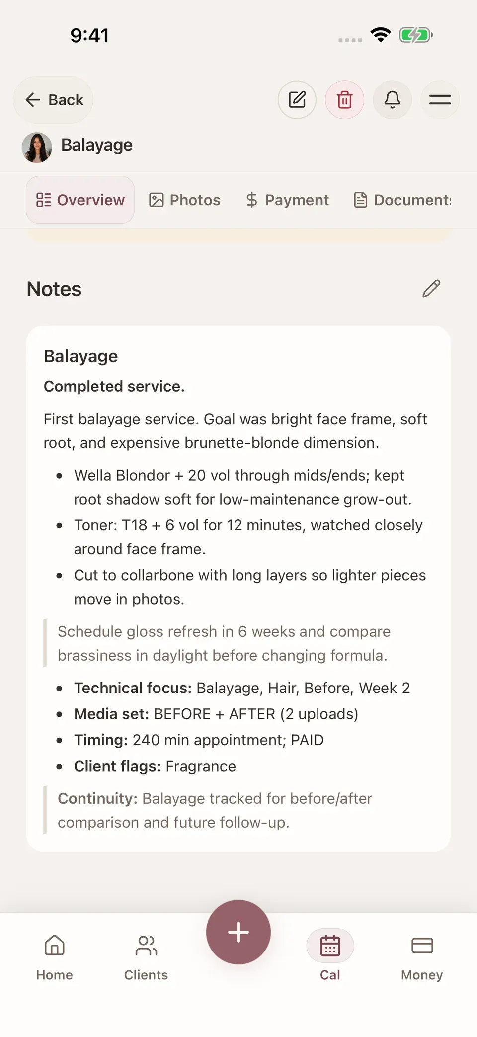 Note di una seduta dimostrativa di balayage in Glamorph, con prodotti e dettagli del servizio conservati nello storico.