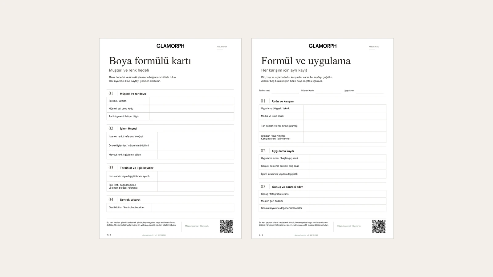 Kuaför müşteri bilgileri ve boş boya formülü kayıt alanları içeren iki sayfalık Türkçe PDF.