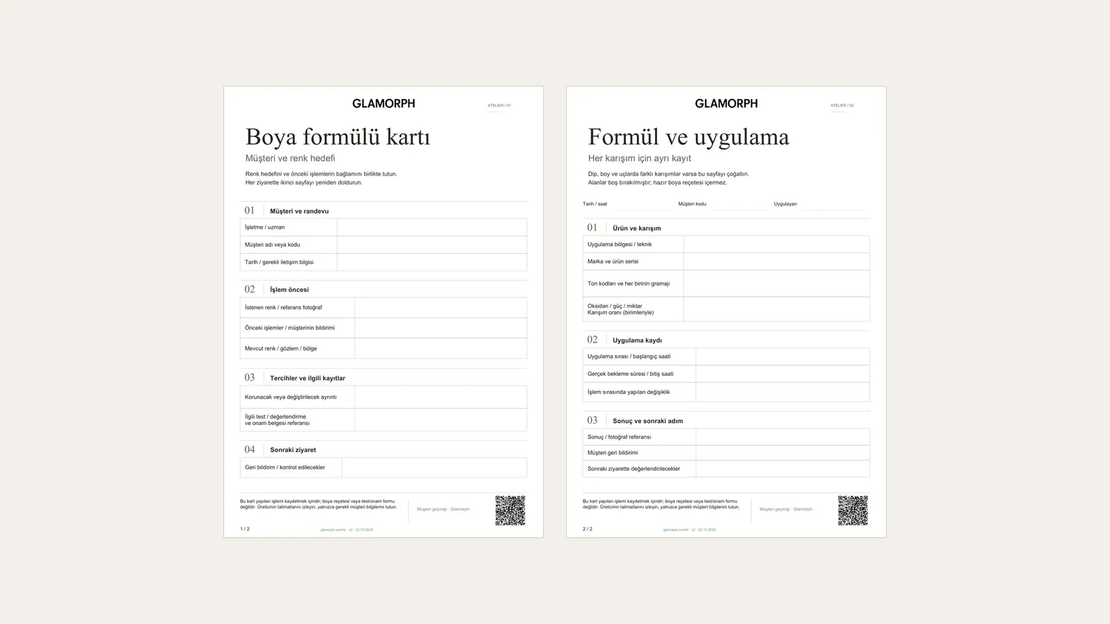 Kuaför müşteri bilgileri ve boş boya formülü kayıt alanları içeren iki sayfalık Türkçe PDF.