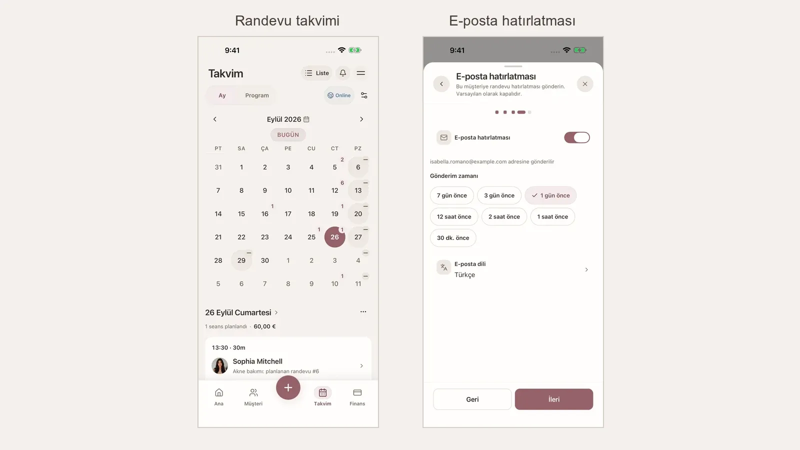 Türkçe Glamorph uygulamasında randevu takvimi ve e-posta hatırlatma ayarı.