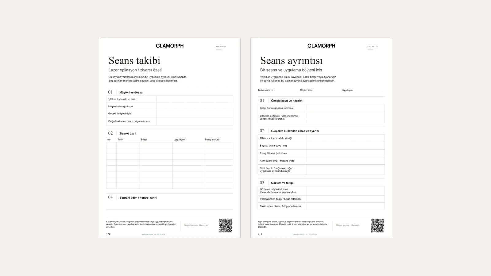 Türkçe seans takip PDF’sinin ziyaret özeti ve tek seans ayrıntısı sayfaları.