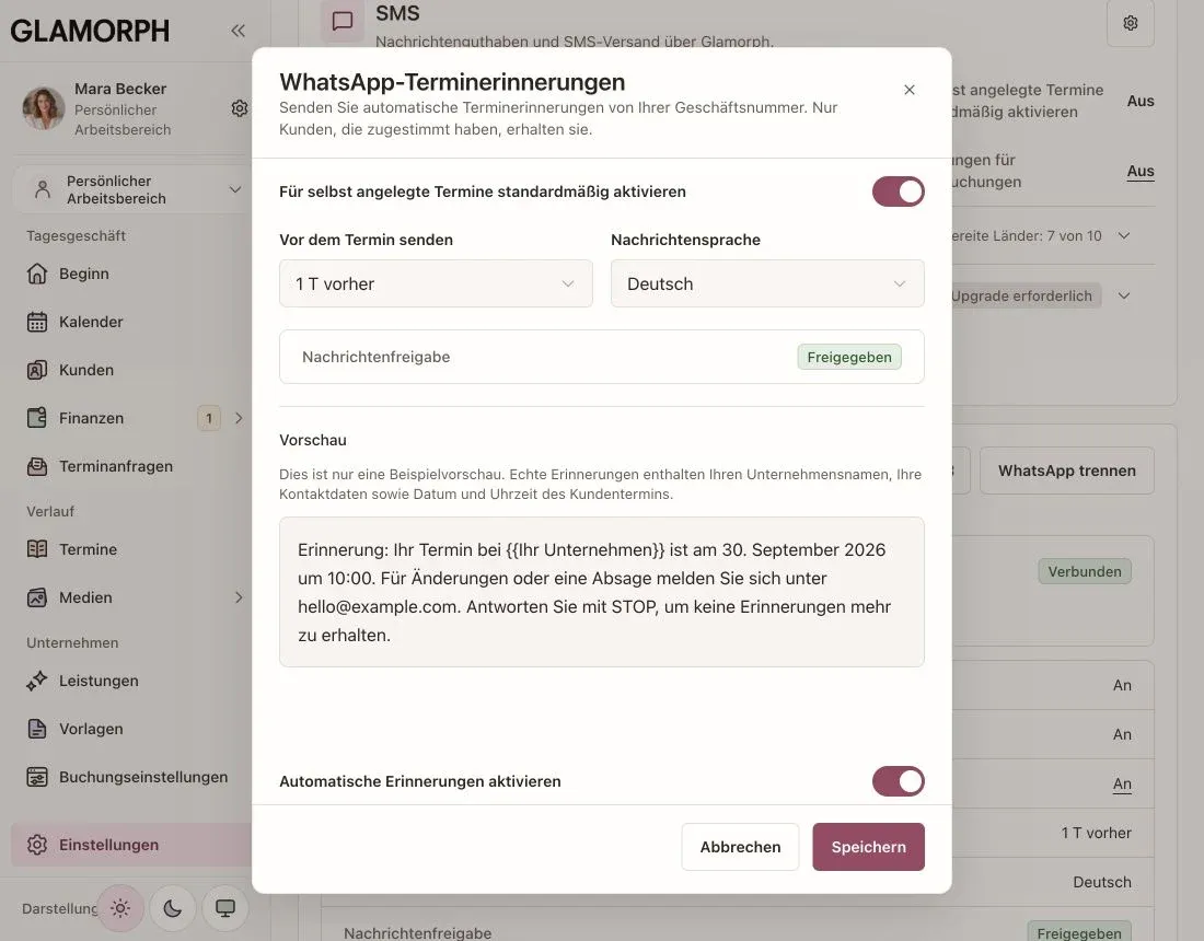 Deutsche WhatsApp-Erinnerungseinstellungen mit Vorlauf, Sprache und Nachrichtenvorschau in Glamorph.