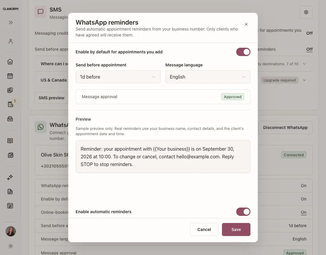 WhatsApp от номера на бизнеса ти — Glamorph