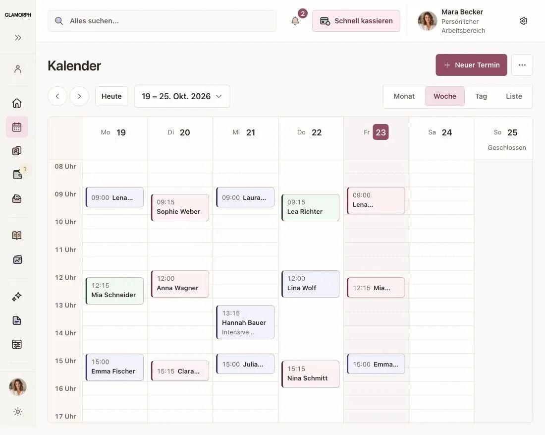 Glamorph-Wochenkalender in deutscher Sprache mit 15 unterschiedlichen Kundenterminen im fiktiven Studio Linden.