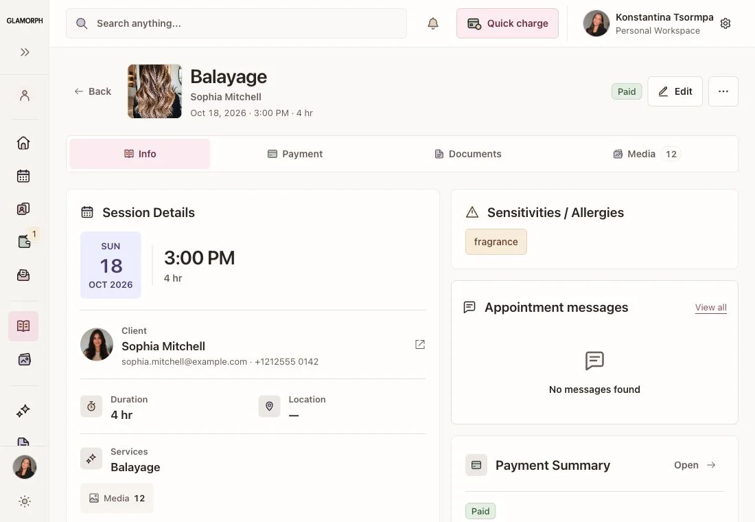 Hair salon appointment overview in Glamorph, shown in English