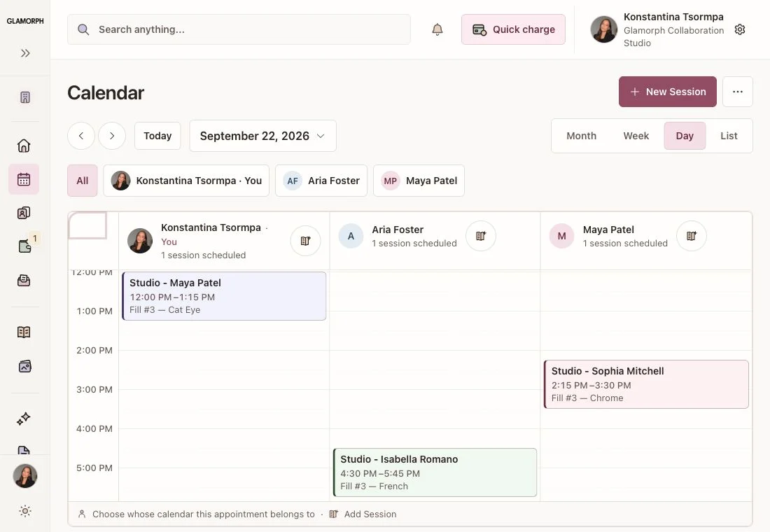 Glamorph nail salon calendar with professional appointments, shown in English