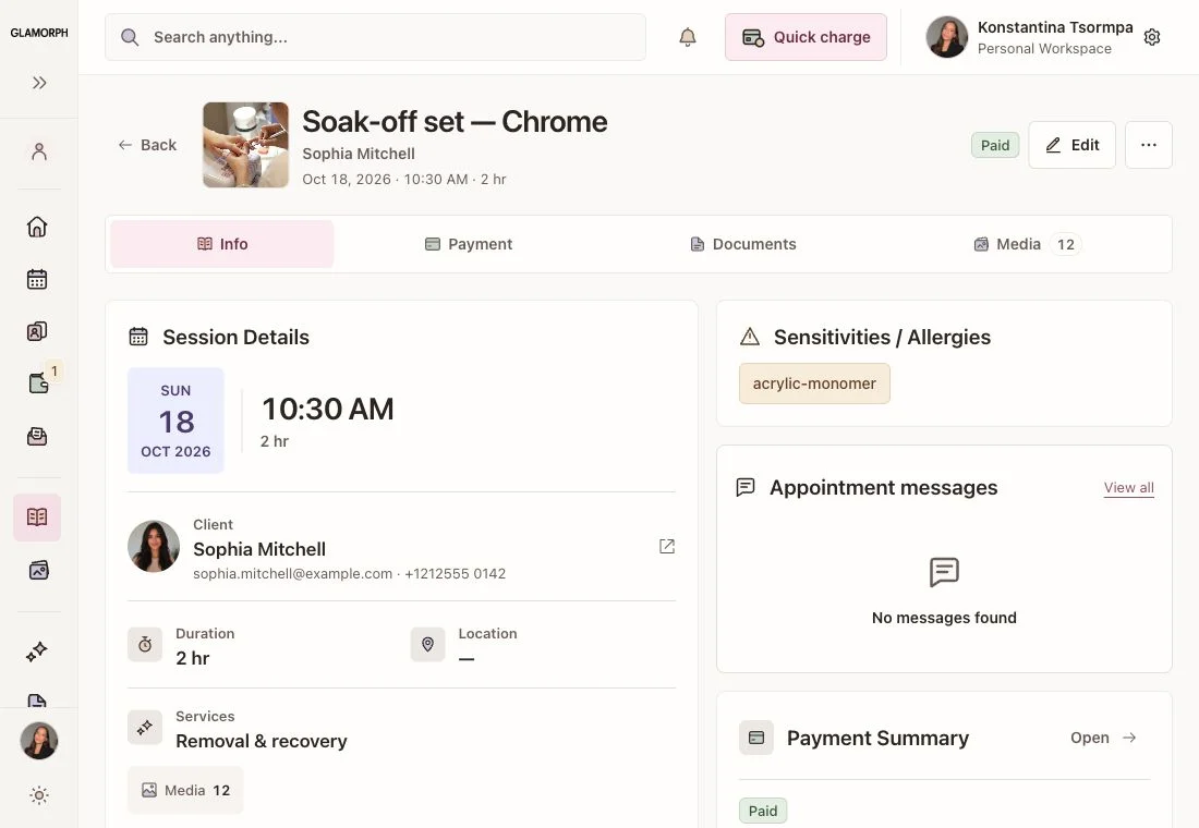 Nail salon appointment overview in Glamorph, shown in English