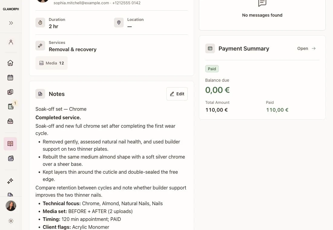Nail appointment record with design and product notes in Glamorph, shown in English