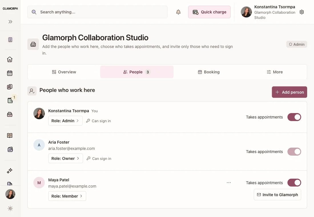 Nail salon workspace members and roles in Glamorph, shown in English