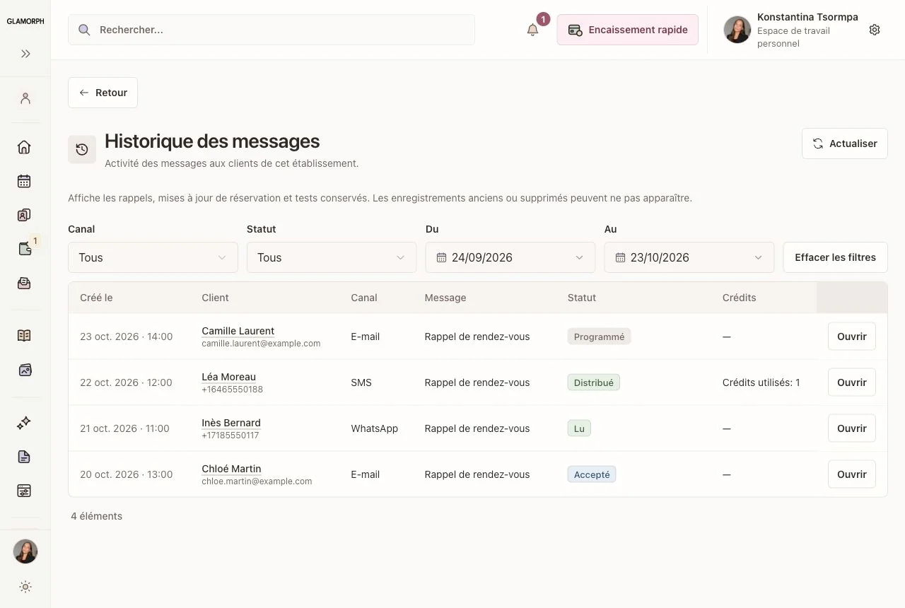 Historique et statuts des rappels dans l’interface française de Glamorph.