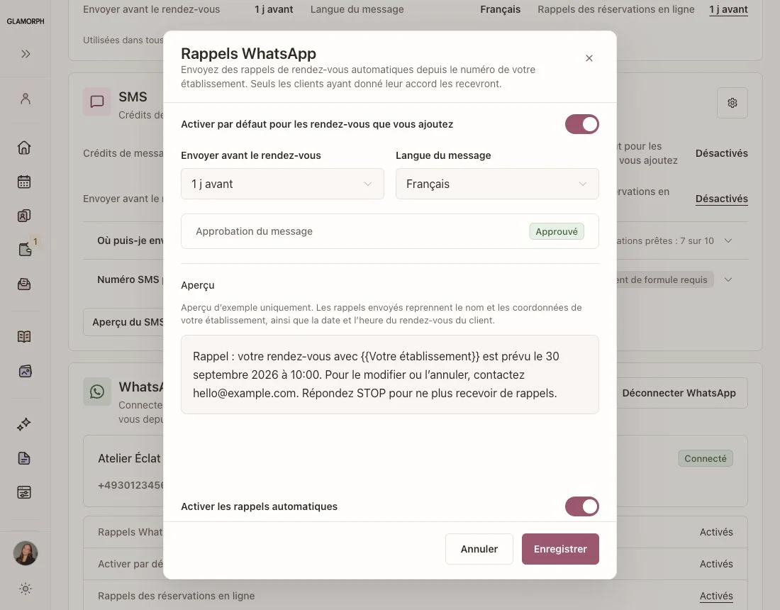Réglages de rappels dans l’application web Glamorph en français.