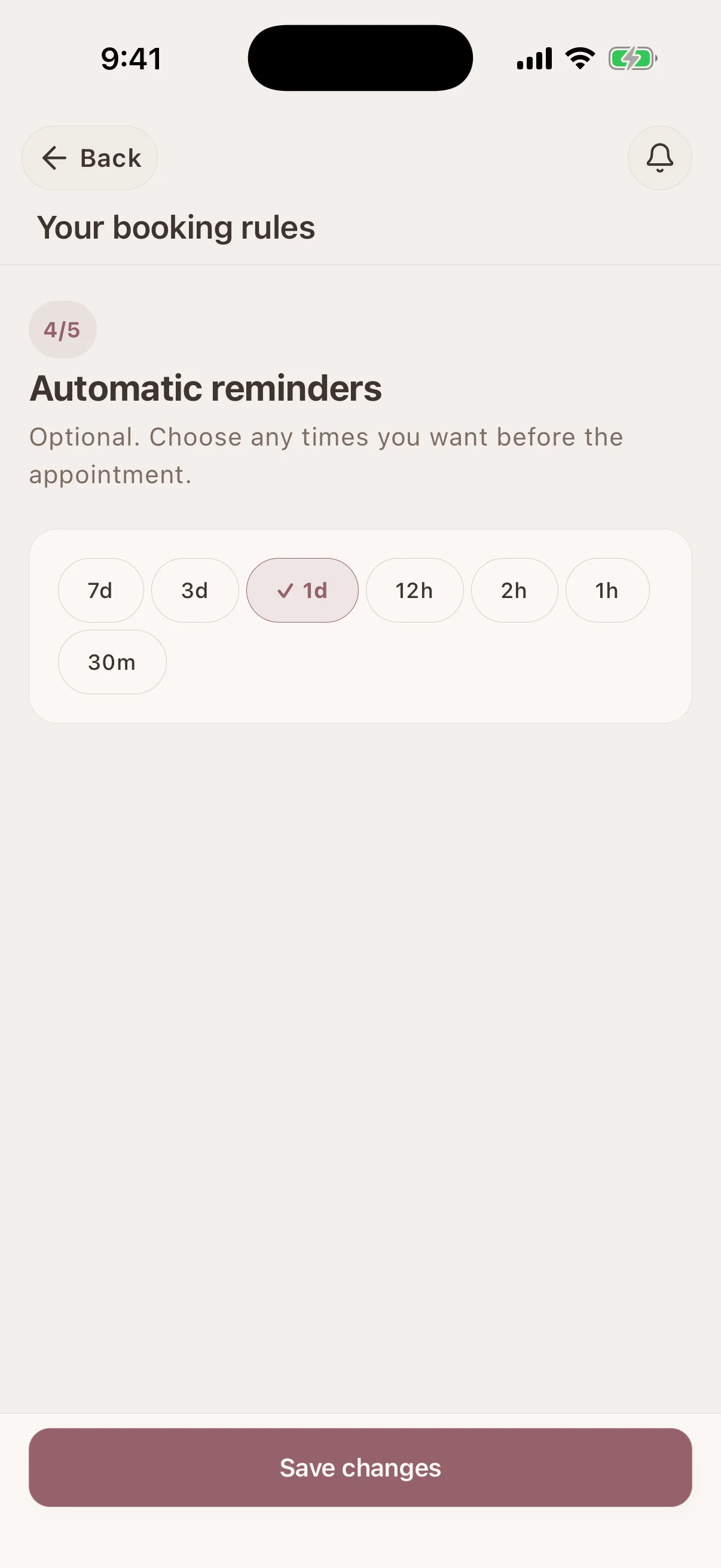 Selecting automatic reminder times for online bookings in Glamorph
