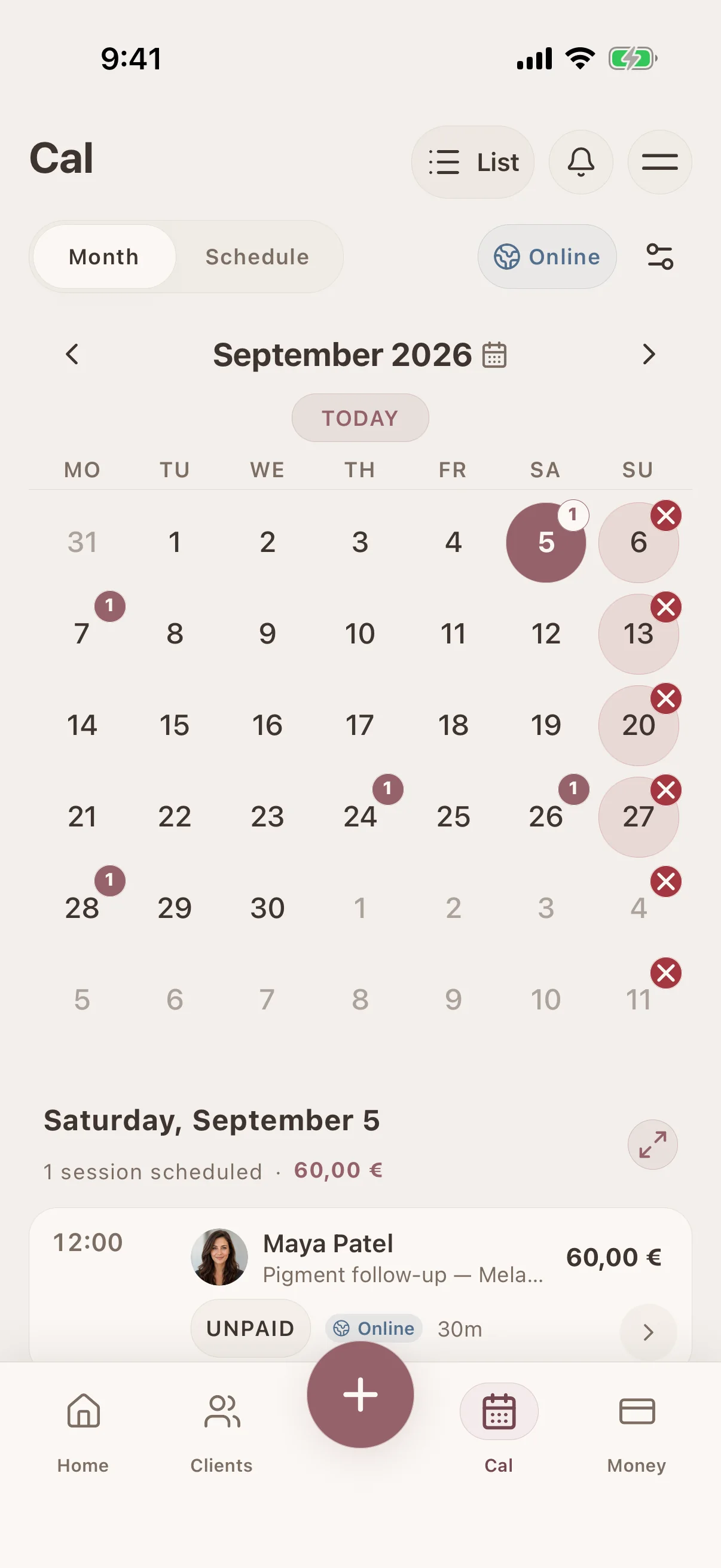 Calendar & scheduling: Visual calendar with drag-and-drop booking