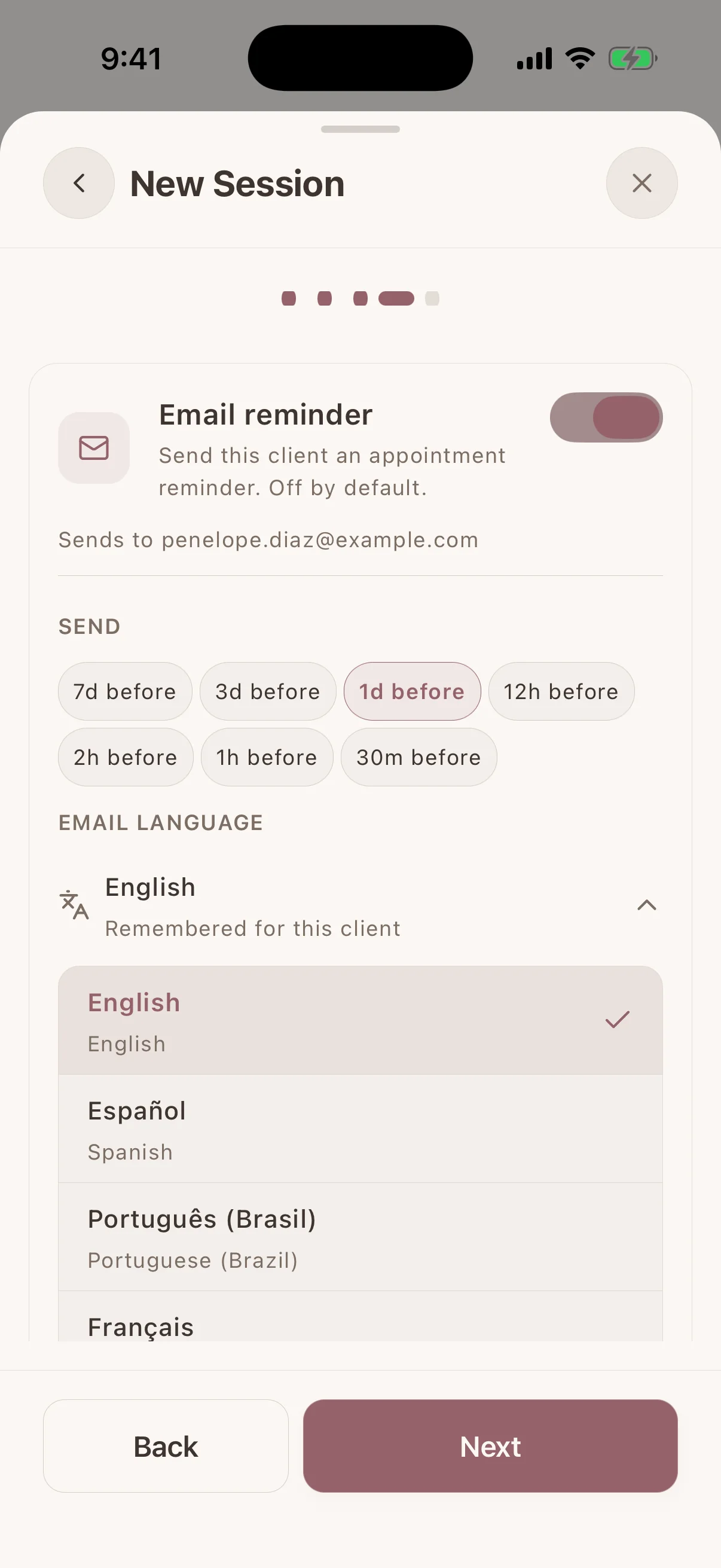 Choosing Spanish from Glamorph's appointment reminder email languages