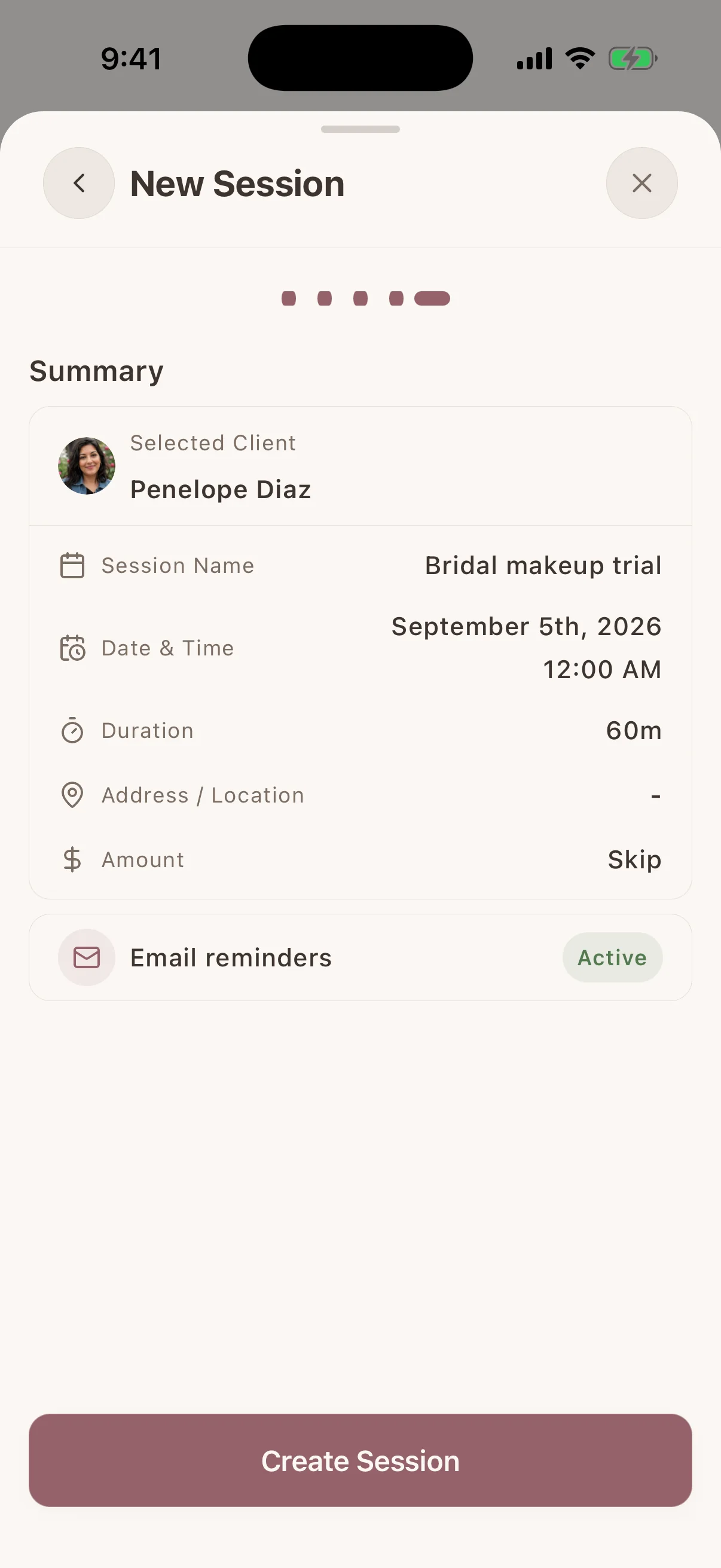 New session review showing email reminders active in Glamorph