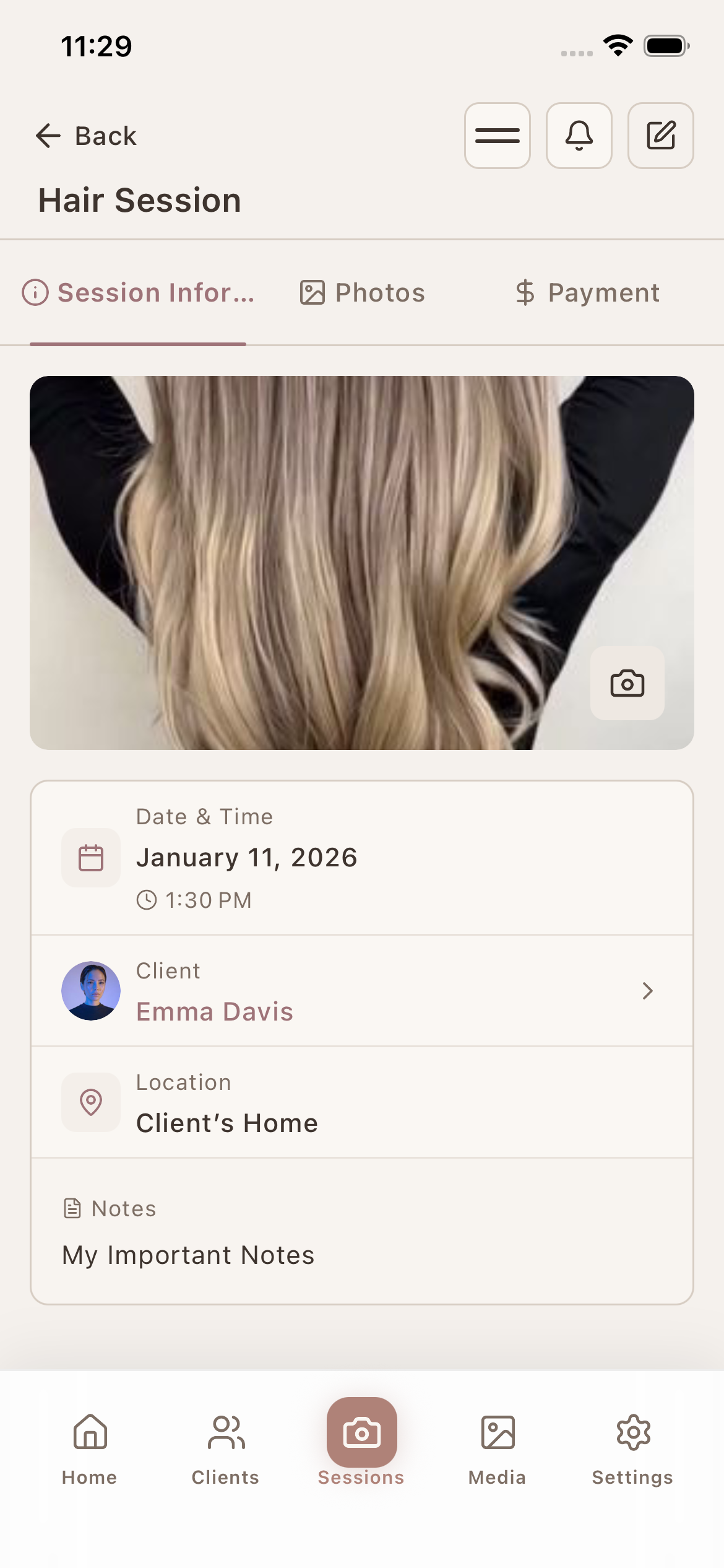 Photos linked to client sessions
