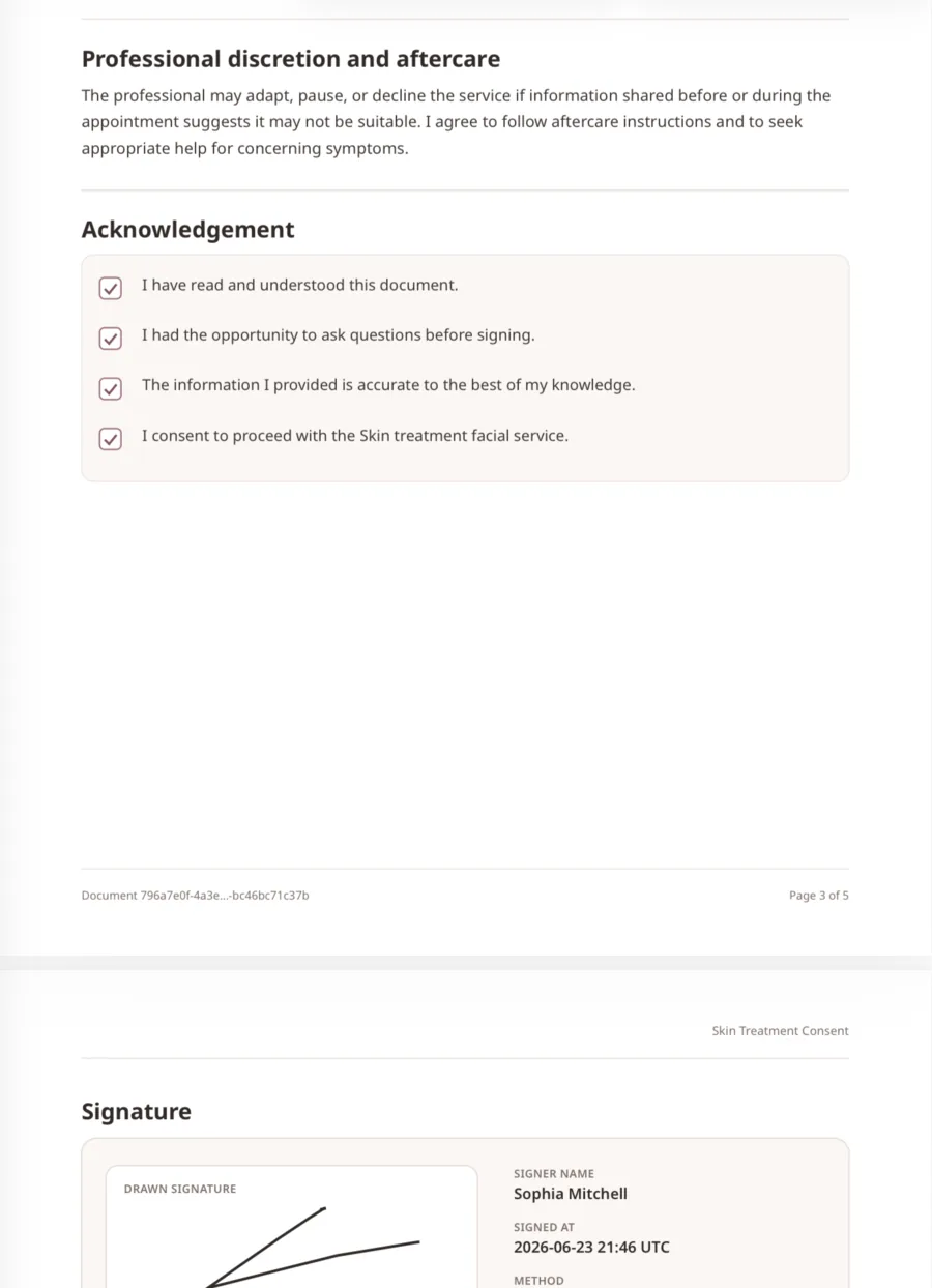 Glamorph Beauty Client Documents, Forms & Signed PDFs signed PDF record