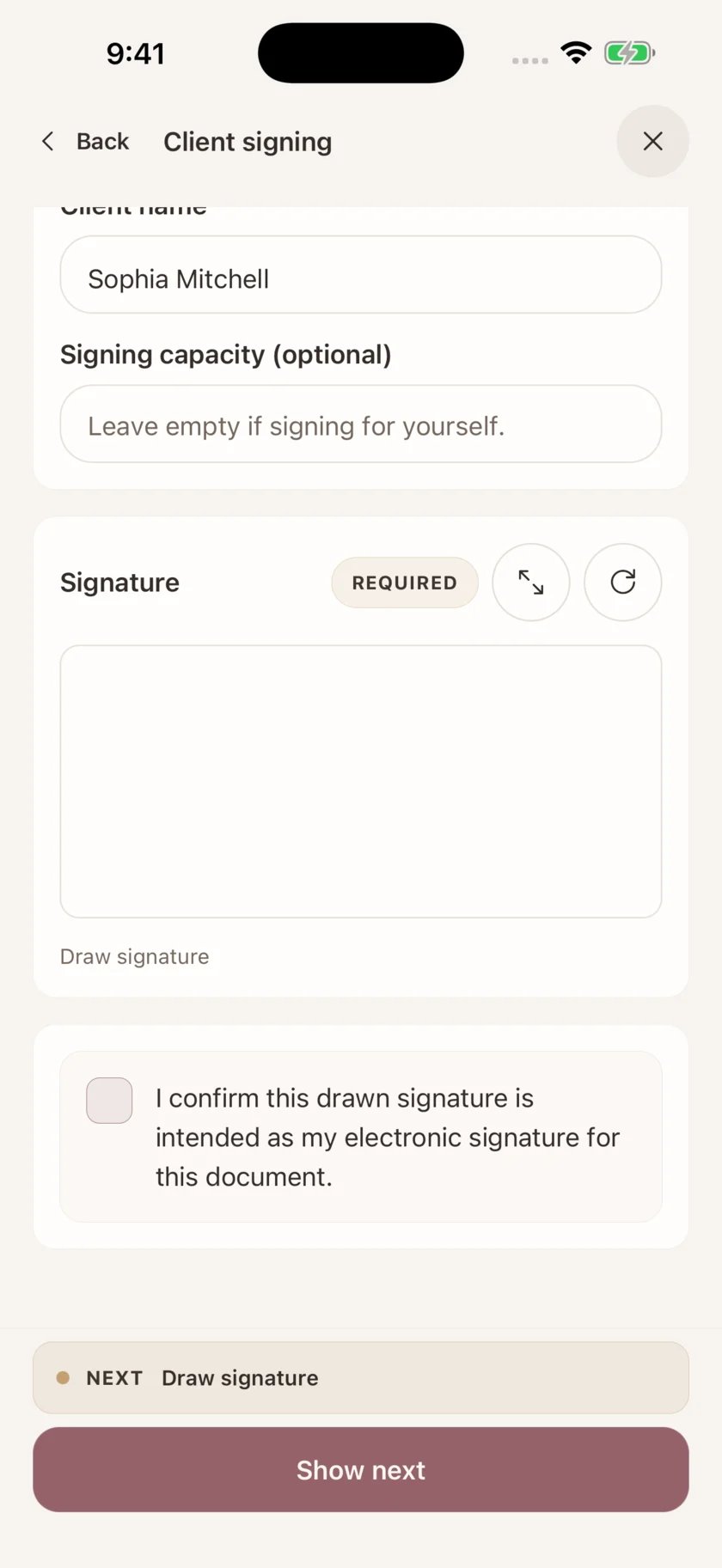 Client name and electronic signature box in the iPhone app. English interface.