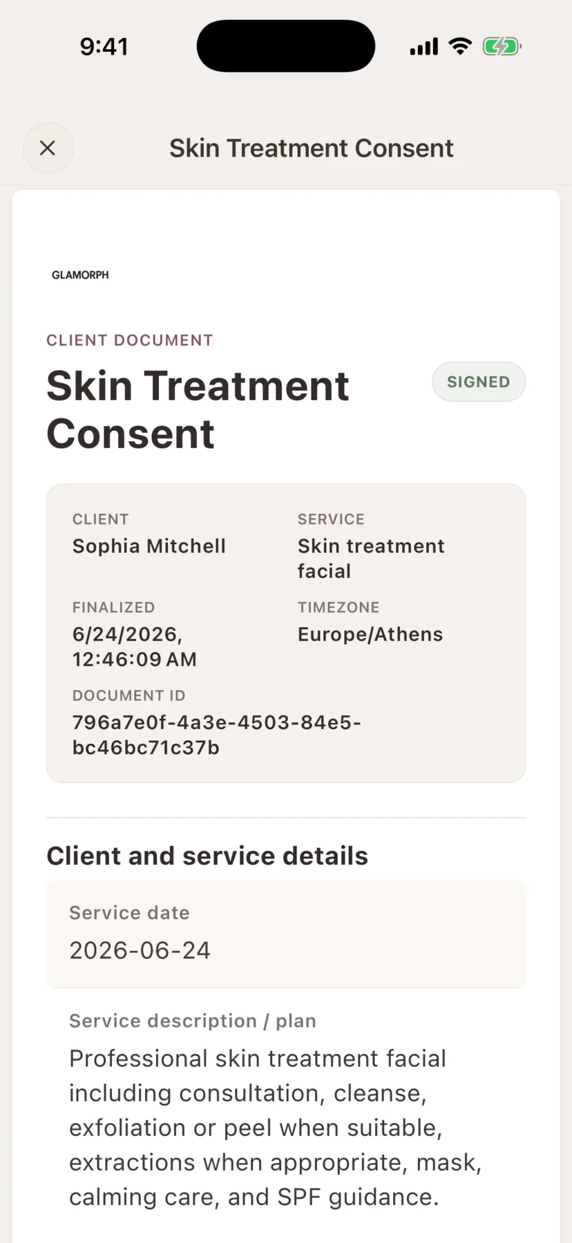 Glamorph mobile screen showing a signed client consent document
