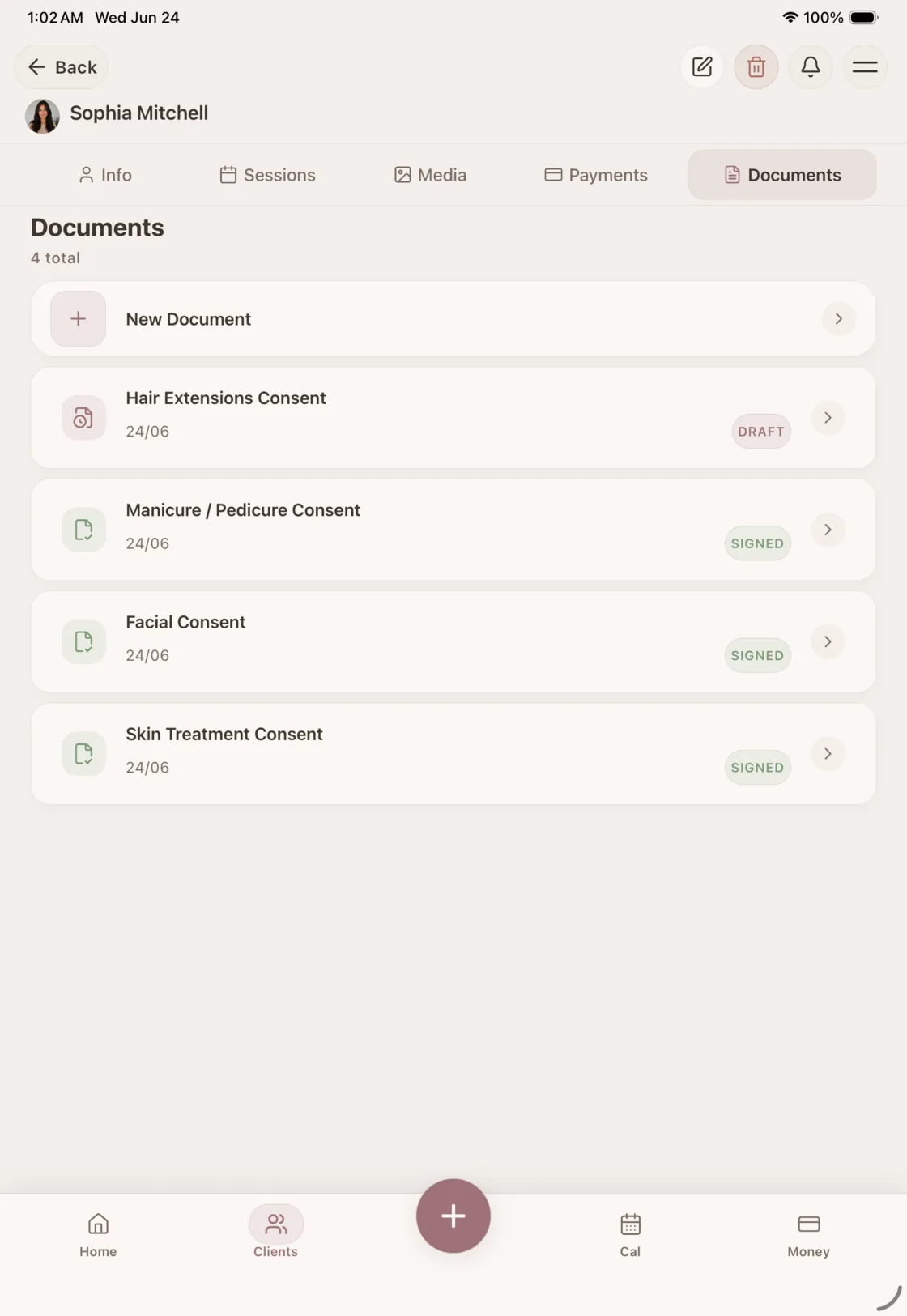 Tablet screen showing a client profile documents list in Glamorph