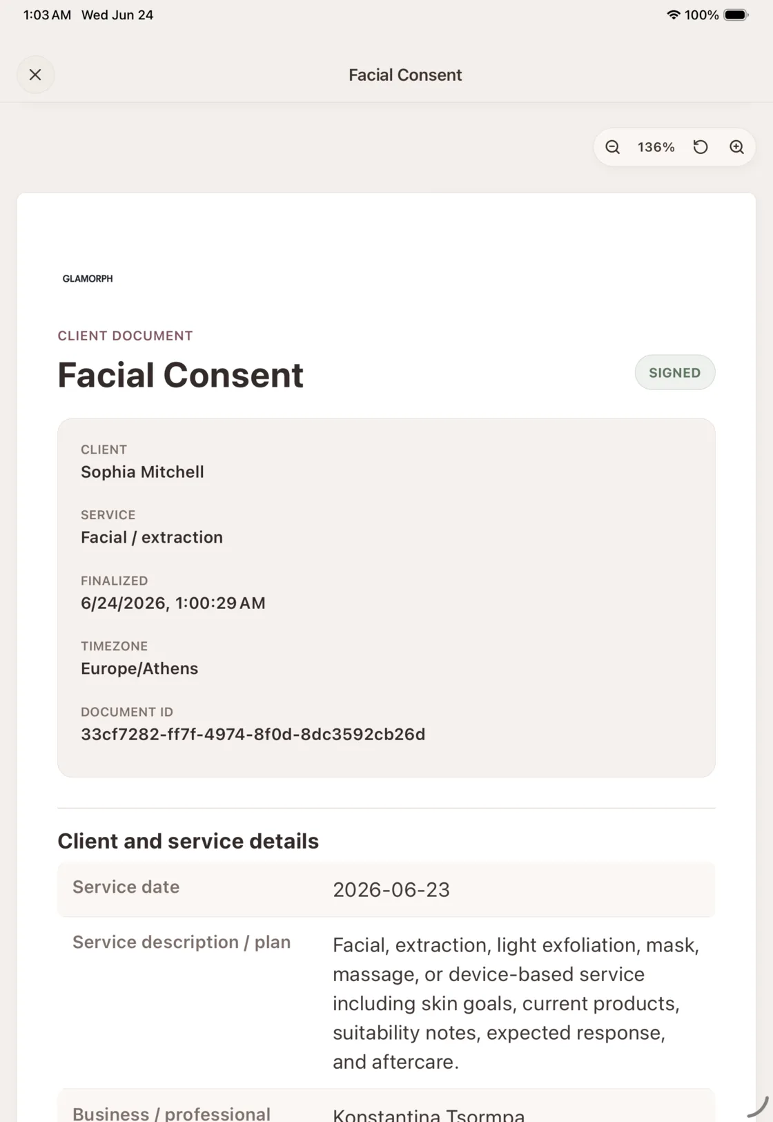 Tablet screen showing a finalized signed facial consent document in Glamorph