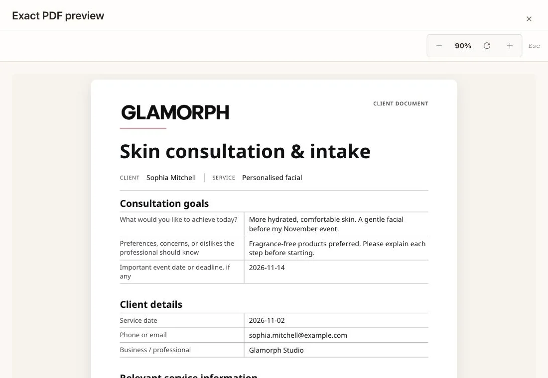 Filled skin consultation form with client goals, preferences and Glamorph branding. English interface.
