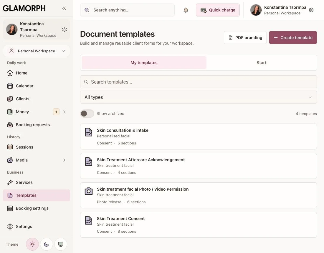 Reusable consultation, consent, aftercare and photo-permission templates in the web app. English interface.