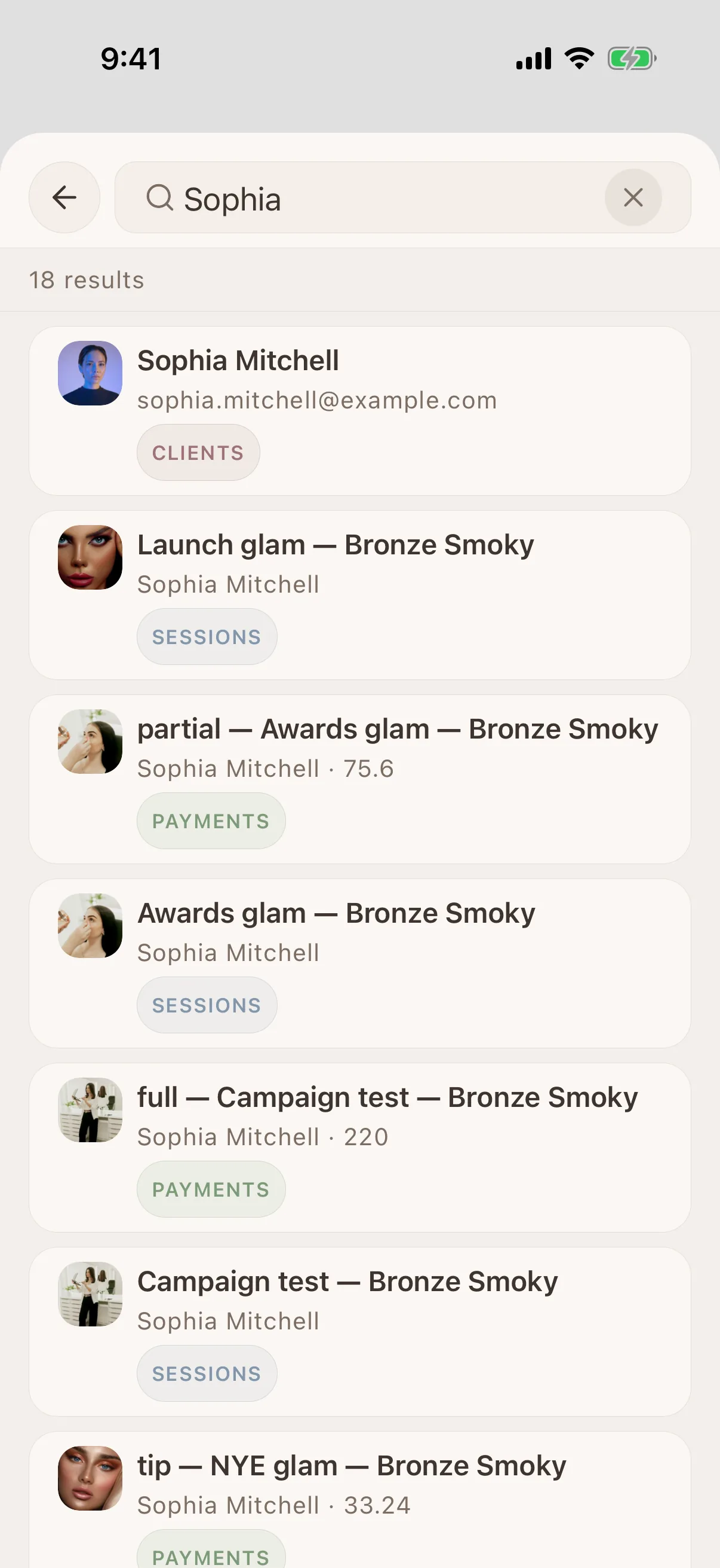 Glamorph client search and client history screen