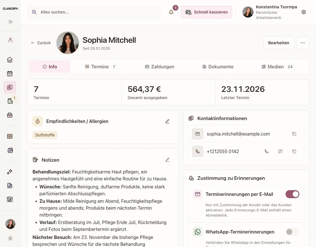 Deutsche Glamorph-Web-App mit Sophias Pflegewünschen, gemeldeter Duftstoffempfindlichkeit, Notizen und Kontaktdaten