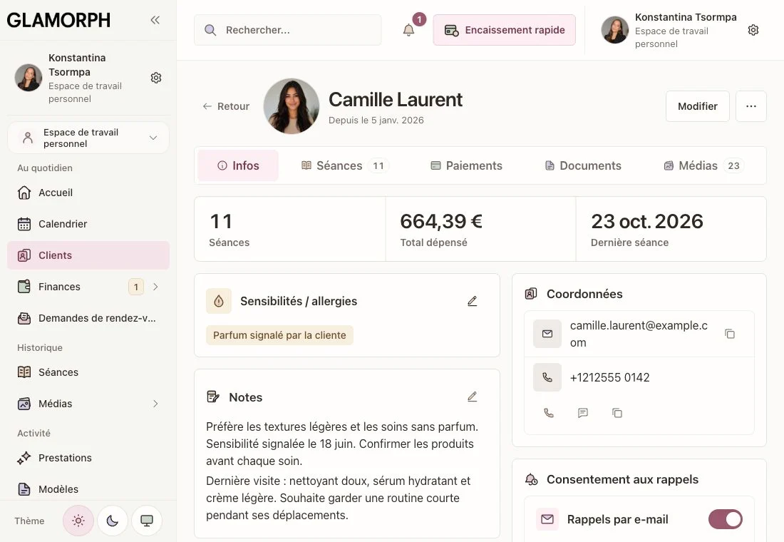 Vue du profil client: Tous les détails, historique et préférences au même endroit