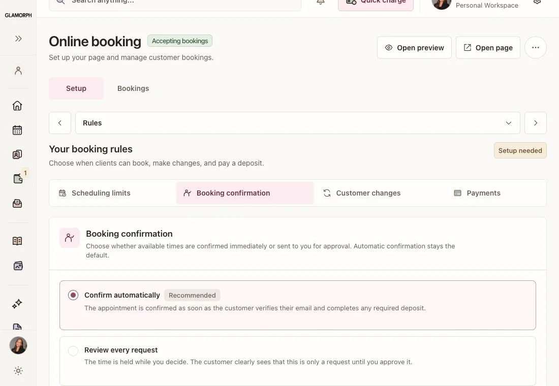 Glamorph booking settings for instant confirmation or request approval
