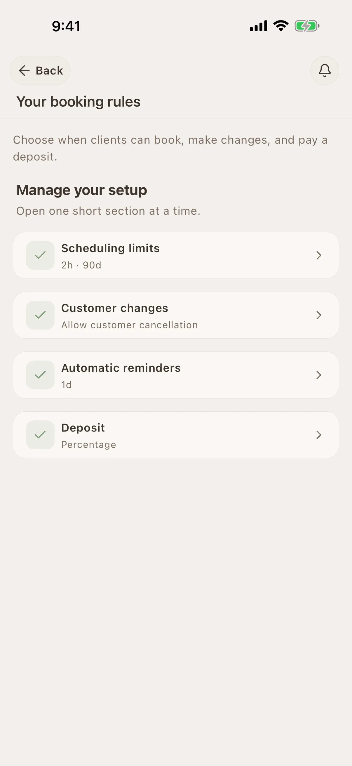 Glamorph online booking rules for availability, confirmations, reminders, and deposits