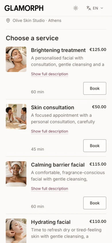 Services with treatment photos, prices and durations on a Glamorph booking page